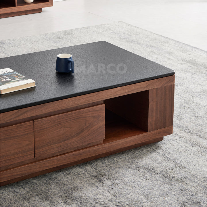 Coco Coffee Table with Black Burnt Stone Top and Storage