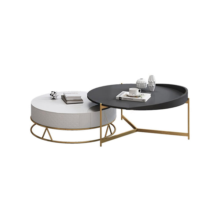 Diego Swivel Nesting Coffee Table Set with Gold Metal Base and Silent Wood Drawer