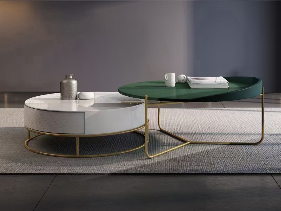 Diego Round Nesting Coffee Table Set with Gold Metal Base (Set of 2)