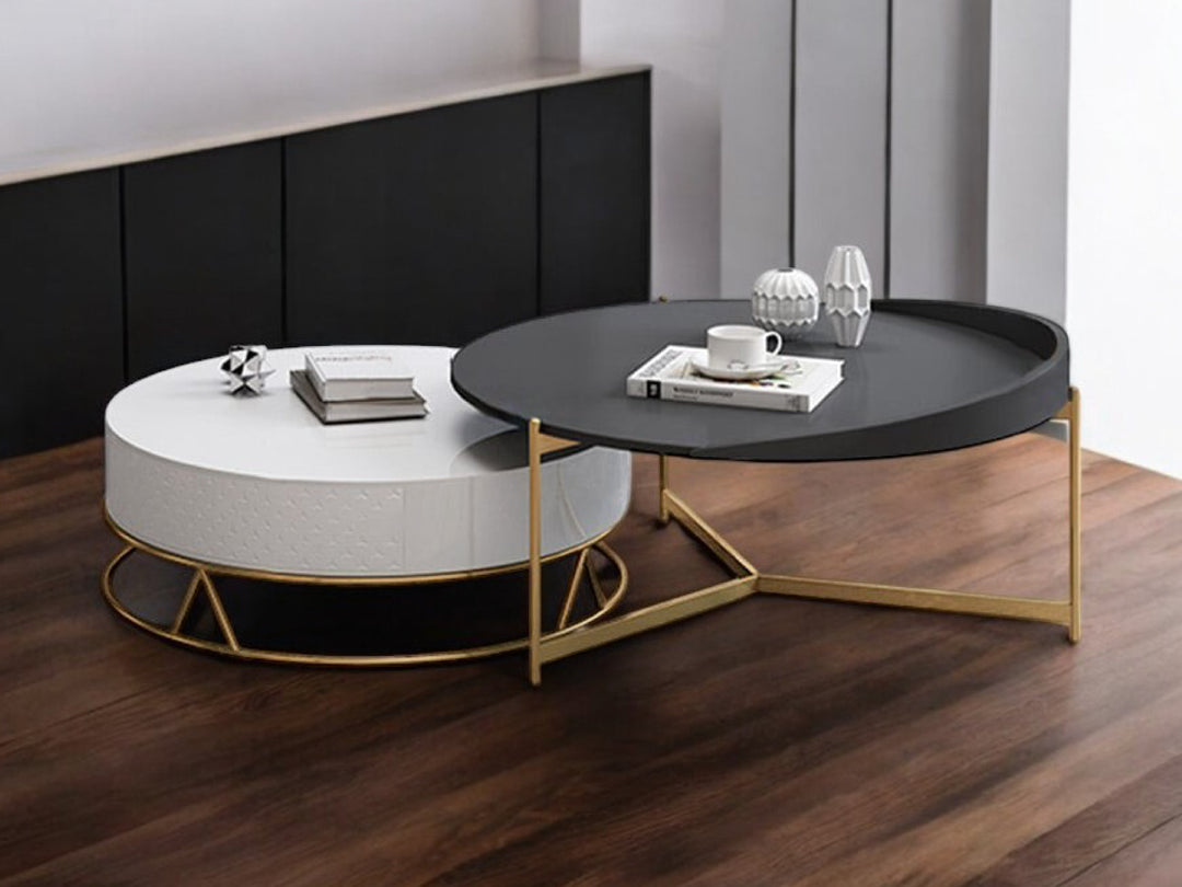 Diego Swivel Nesting Coffee Table Set with Gold Metal Base and Silent Wood Drawer