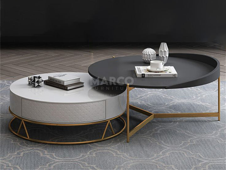 Diego Swivel Nesting Coffee Table Set with Gold Metal Base and Silent Wood Drawer