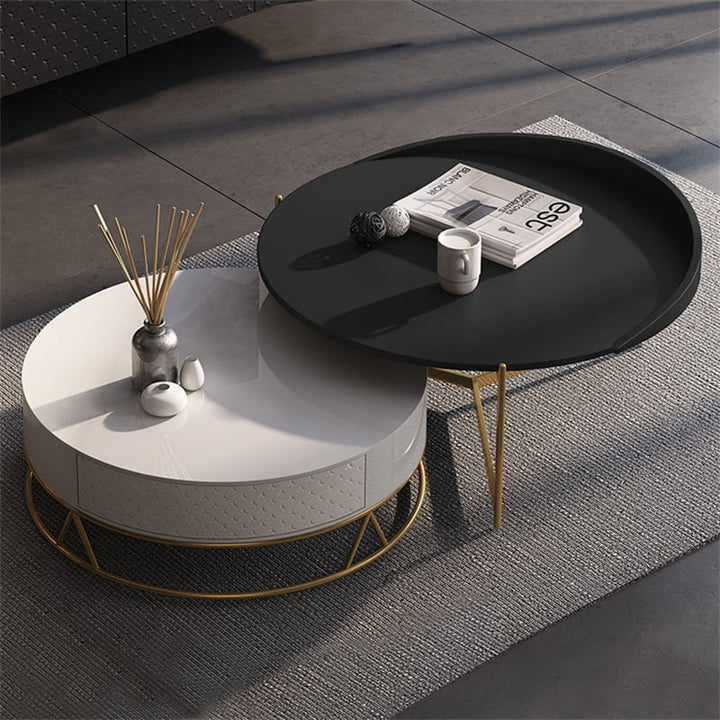 Diego Swivel Nesting Coffee Table Set with Gold Metal Base and Silent Wood Drawer