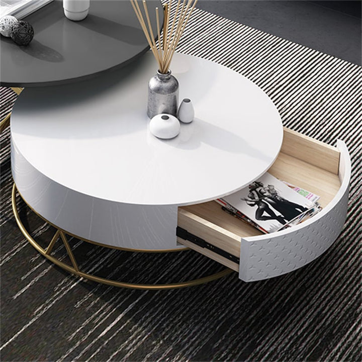 Diego Swivel Nesting Coffee Table Set with Gold Metal Base and Silent Wood Drawer