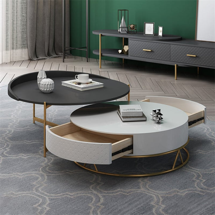 Diego Swivel Nesting Coffee Table Set with Gold Metal Base and Silent Wood Drawer