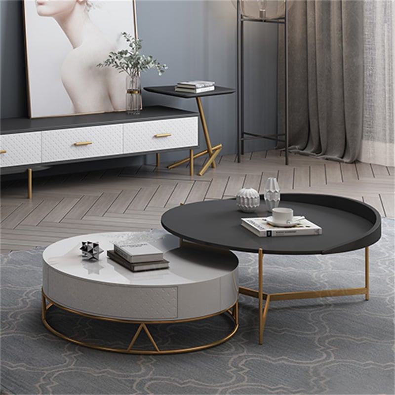 Diego Swivel Nesting Coffee Table Set with Gold Metal Base and Silent Wood Drawer