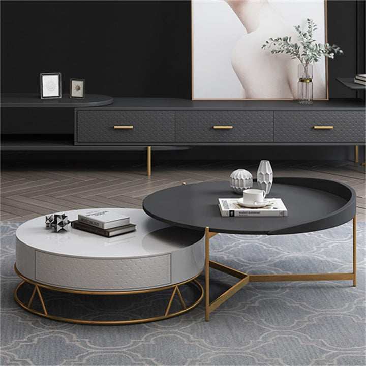 Diego Swivel Nesting Coffee Table Set with Gold Metal Base and Silent Wood Drawer