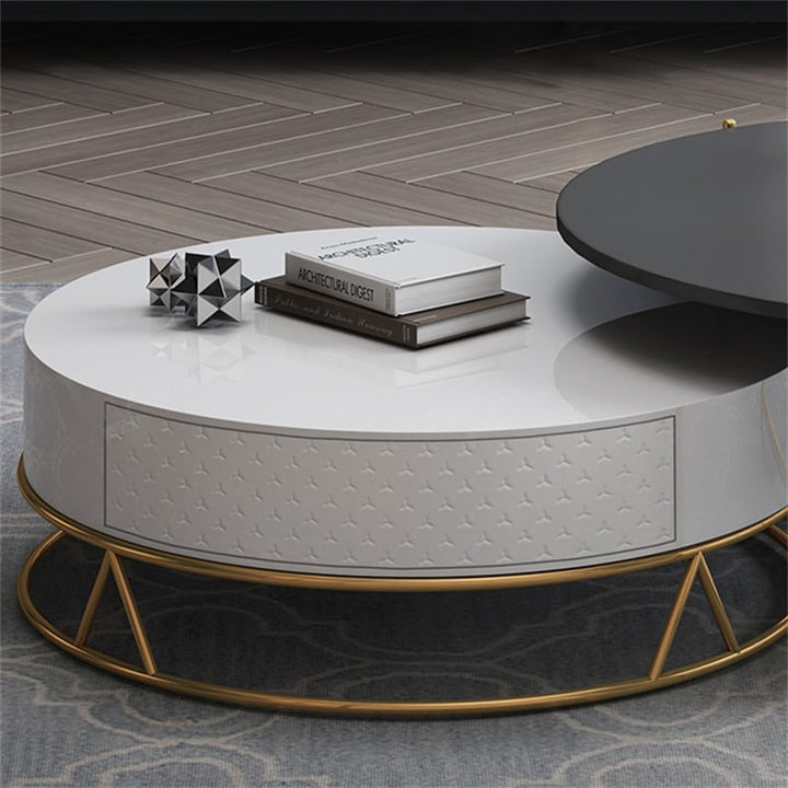 Diego Swivel Nesting Coffee Table Set with Gold Metal Base and Silent Wood Drawer