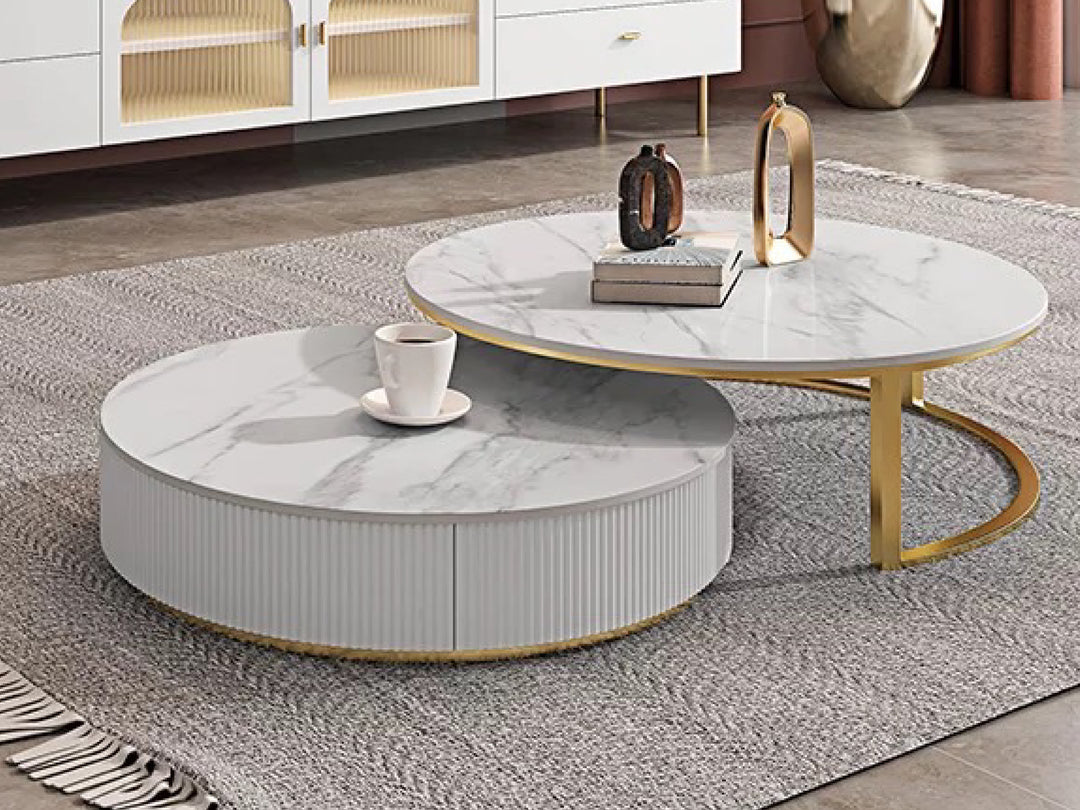 Doyle Round Coffee Table Set with Gold Metal Base, Spanish Ceramic Top, and Silent Wood Drawer (Set of 2)