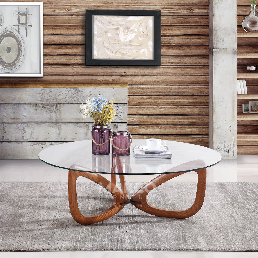 Gucci Modern Glass Coffee Table (Walnut) with Tempered Glass Top and Solid Ash Wood Base