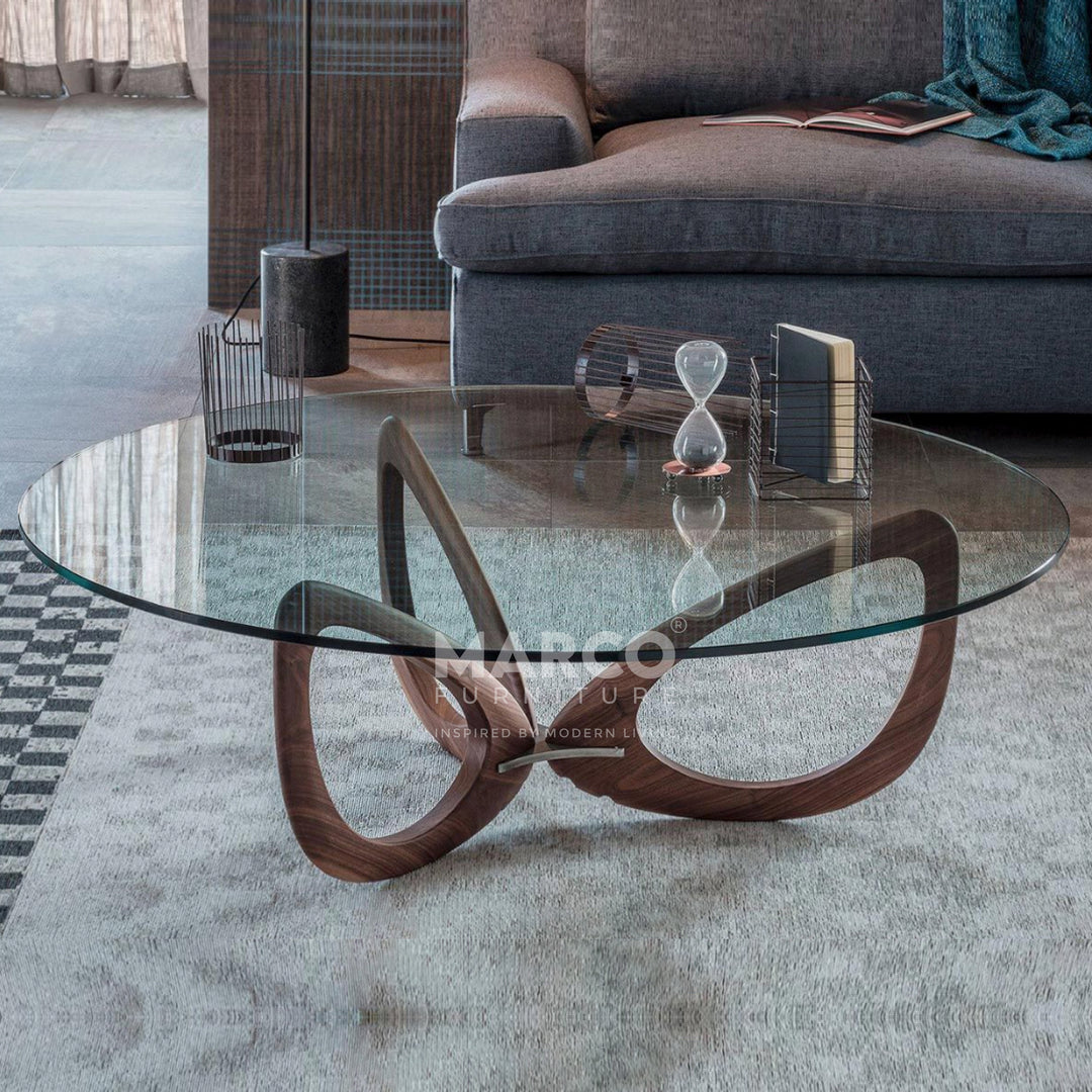 Gucci Modern Glass Coffee Table (Walnut) with Tempered Glass Top and Solid Ash Wood Base