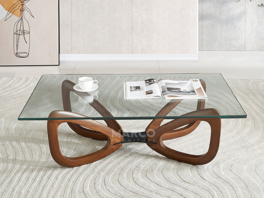 Gucci Modern Coffee Table with Tempered Glass and Solid Ash Wood Base