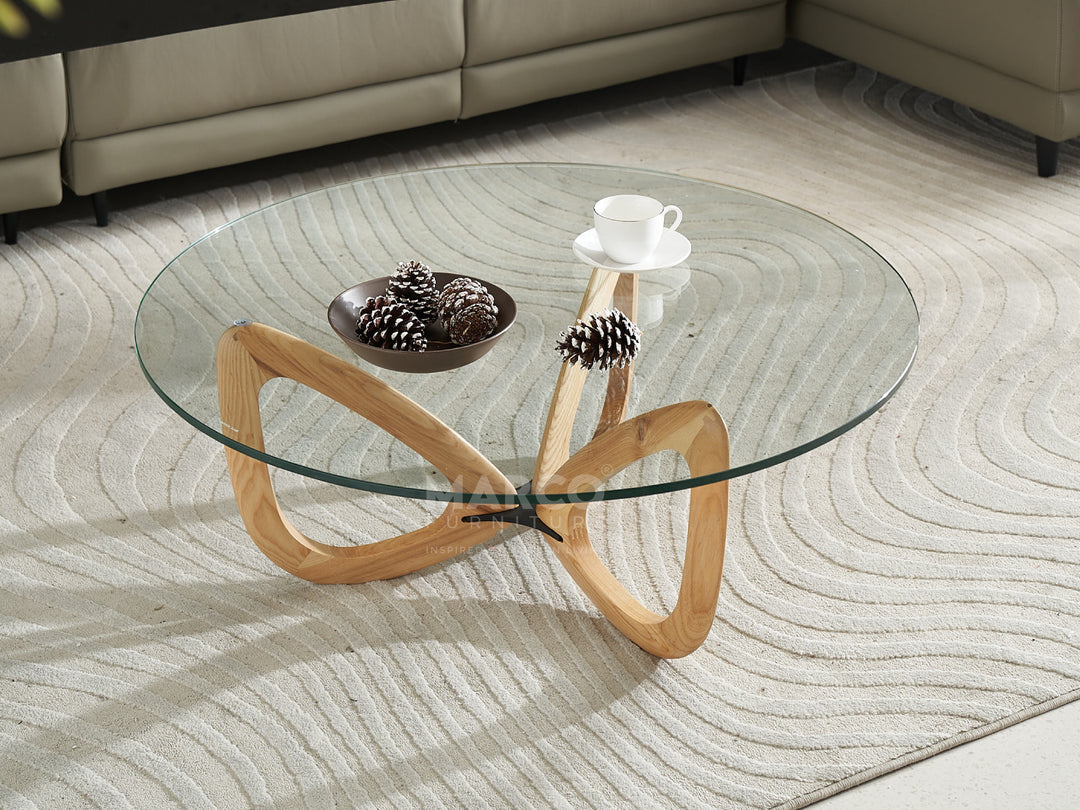 Gucci Round Coffee Table with 12mm Tempered Transparent Glass Top and Solid Ash Wood Base