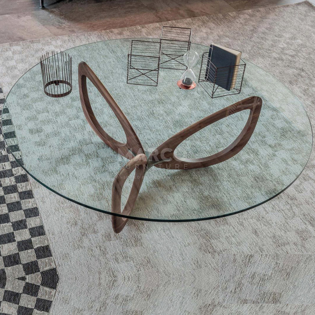 Gucci Modern Glass Coffee Table (Walnut) with Tempered Glass Top and Solid Ash Wood Base