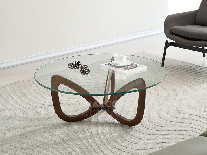 Gucci Modern Glass Coffee Table (Walnut) with Tempered Glass Top and Solid Ash Wood Base