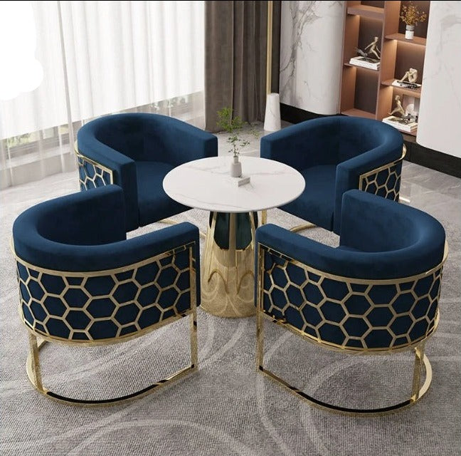 Honey Comb Blue Velvet Dining Room Chair with Stainless Steel Gold Legs