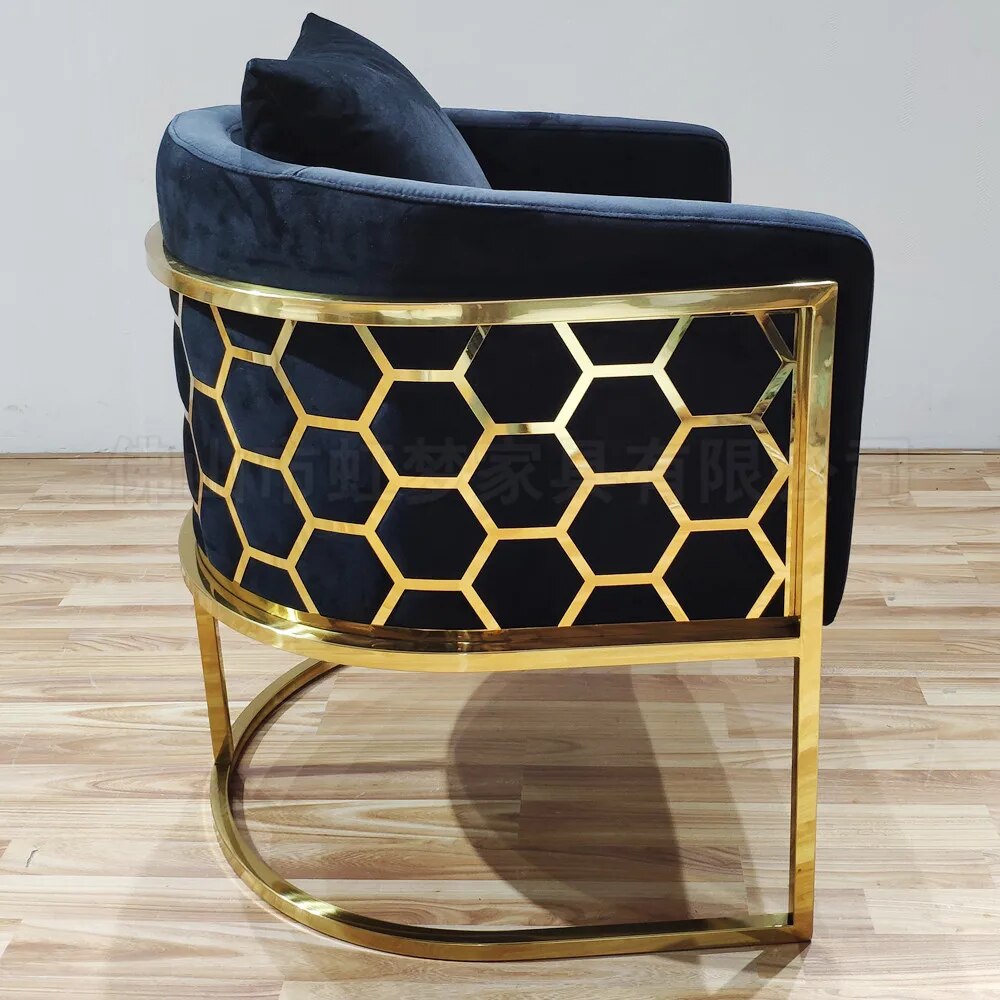 Honey Comb Blue Velvet Dining Room Chair with Stainless Steel Gold Legs