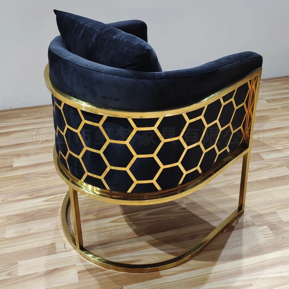 Honey Comb Blue Velvet Dining Room Chair with Stainless Steel Gold Legs