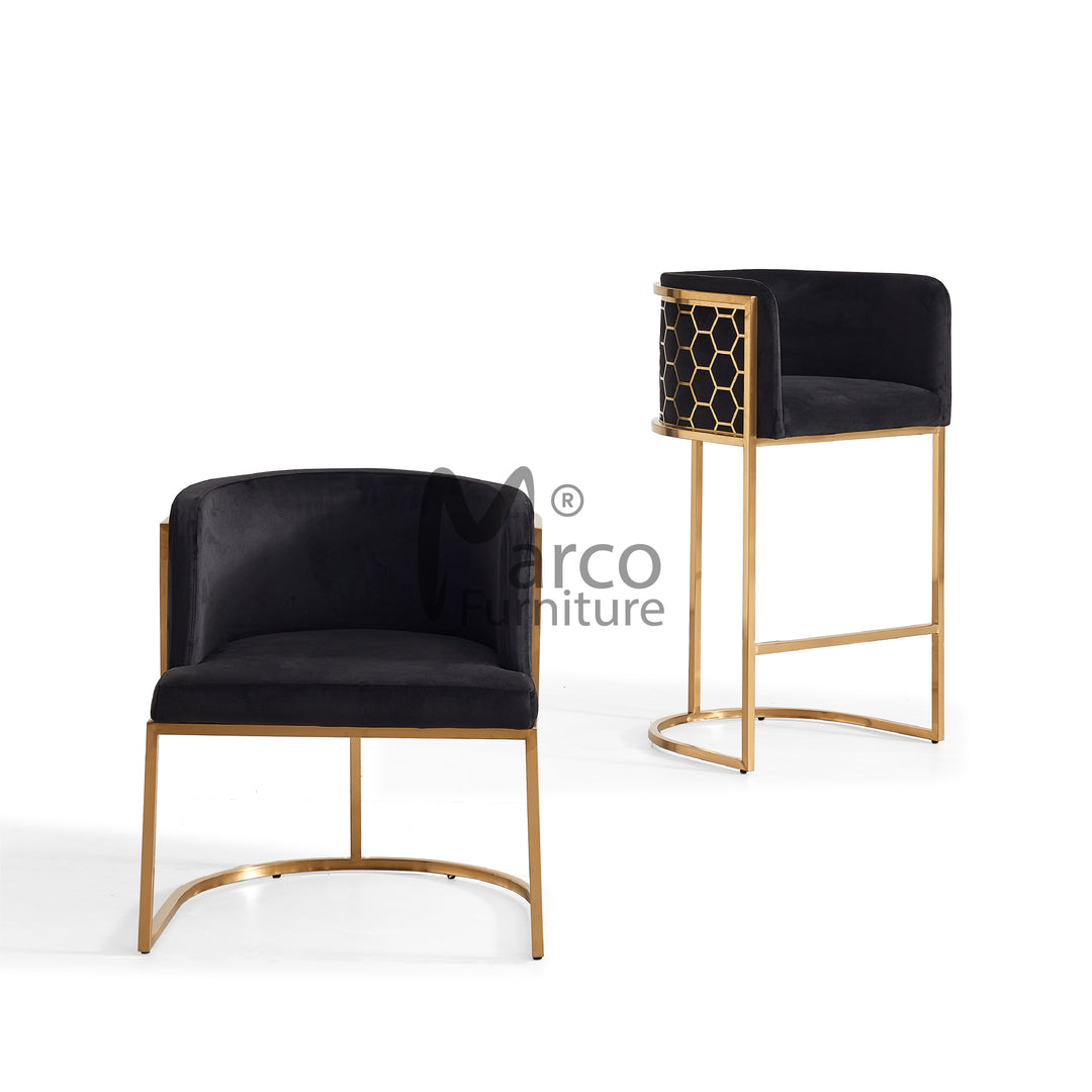 Honey Comb Blue Velvet Dining Room Chair with Stainless Steel Gold Legs