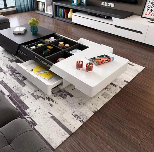 London Extendable Sliding Top Modern Coffee Table with Storage (White & Black)