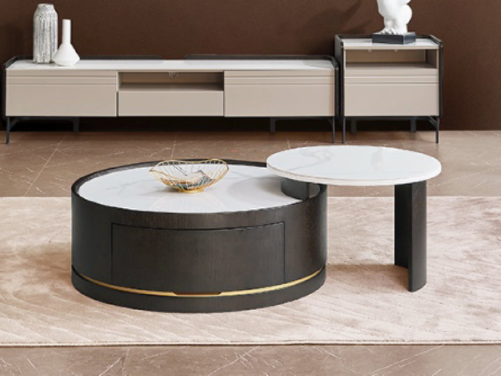 Macao Round Coffee Table with Drawers and White Spanish Ceramic Top