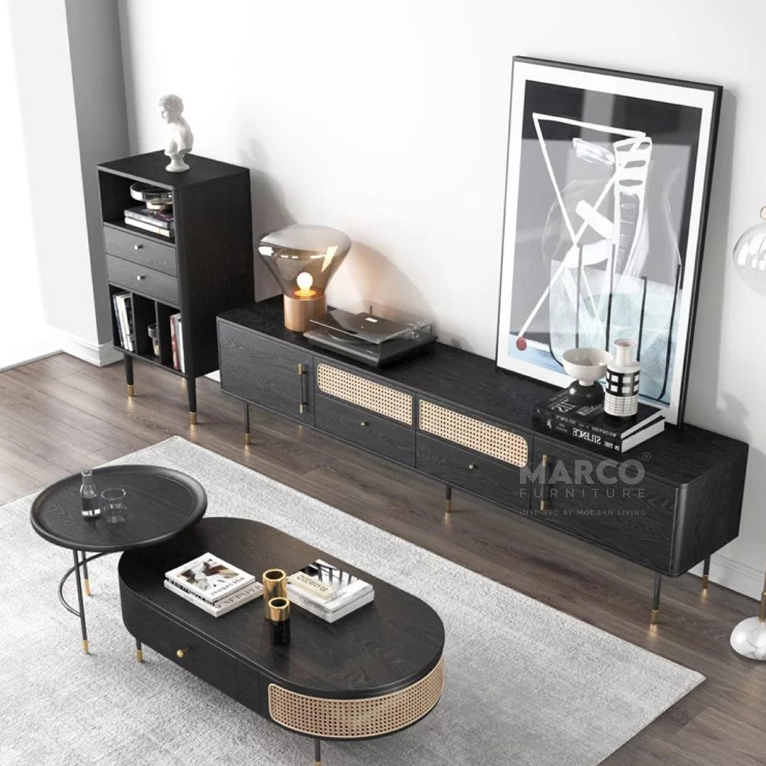 Megan Rattan TV Unit in Black Veneer with Black Metal Legs