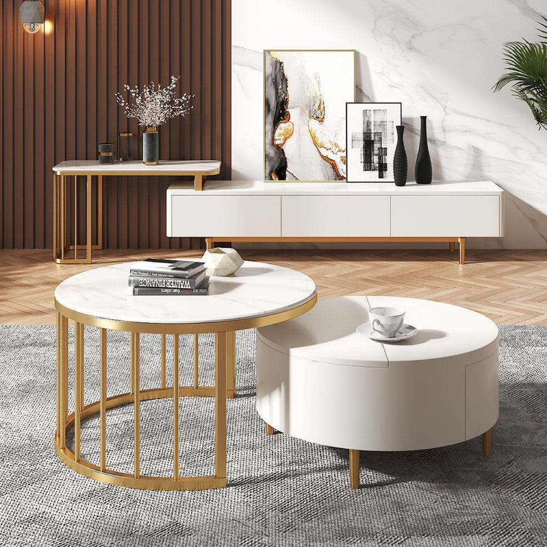 Milan Round Modern Coffee Table Set with Marble top and Gold Legs