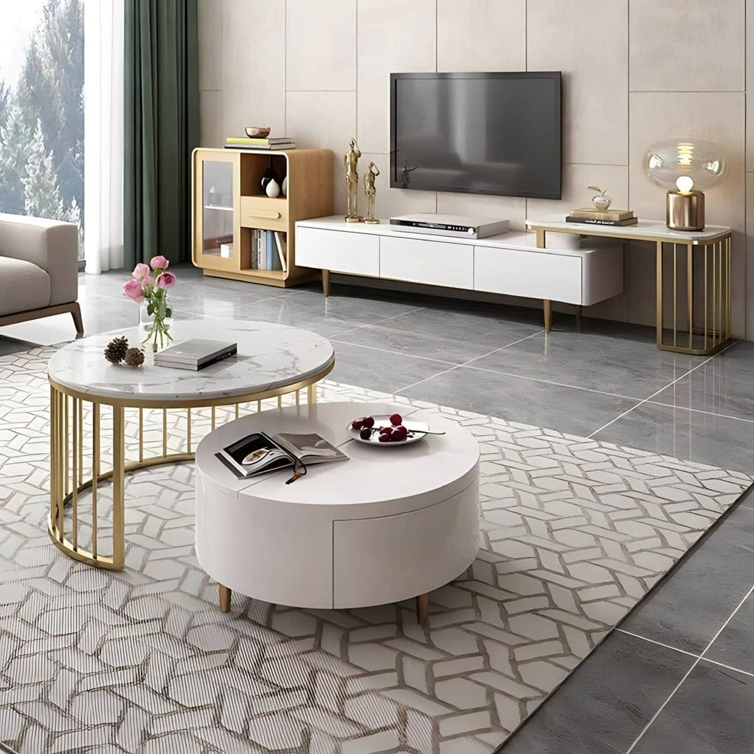 Milan Round Modern Coffee Table Set with Marble top and Gold Legs