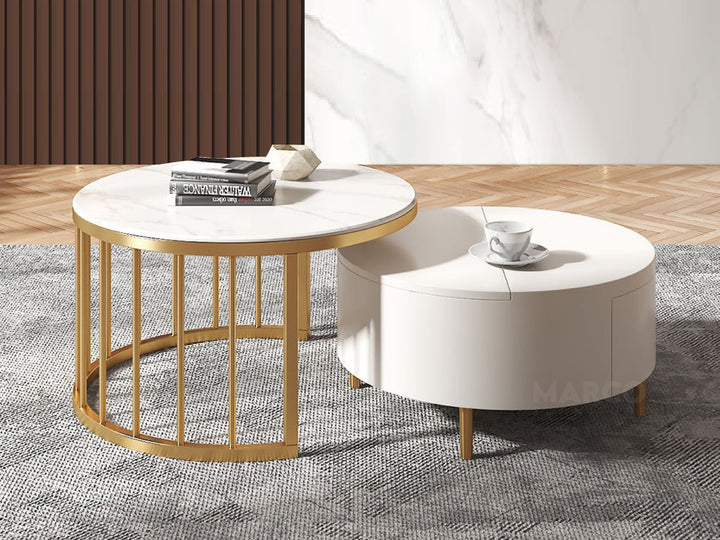 Milan Round Modern Coffee Table Set with Marble top and Gold Legs