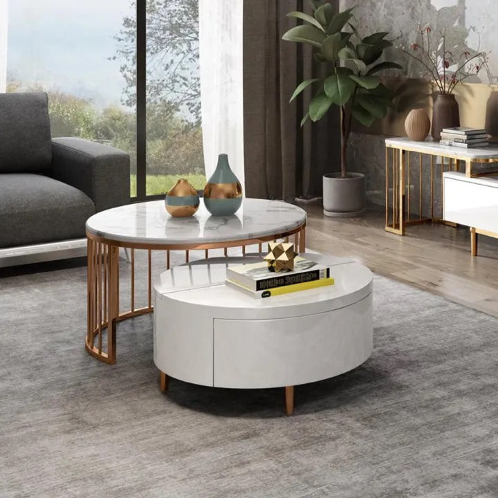 Milan Round Modern Coffee Table Set with Marble top and Gold Legs