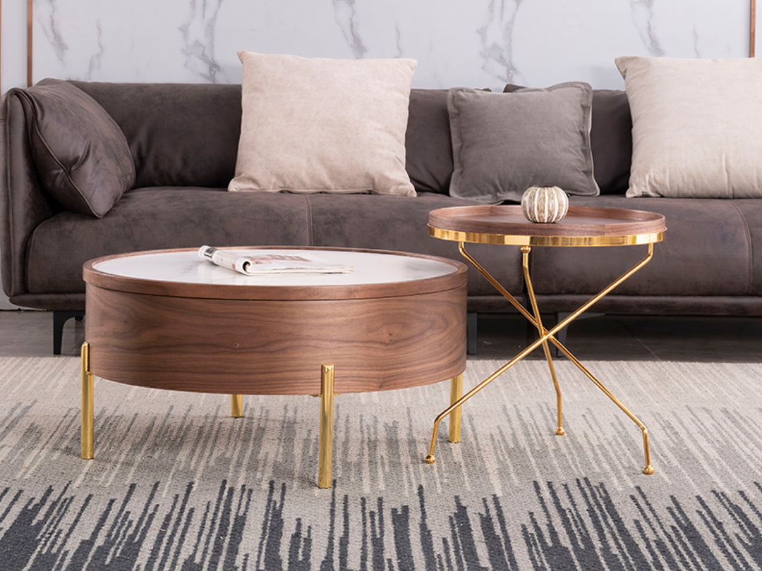 Moon Extendable Coffee Table with Storage and Rotating Top in White Ceramic