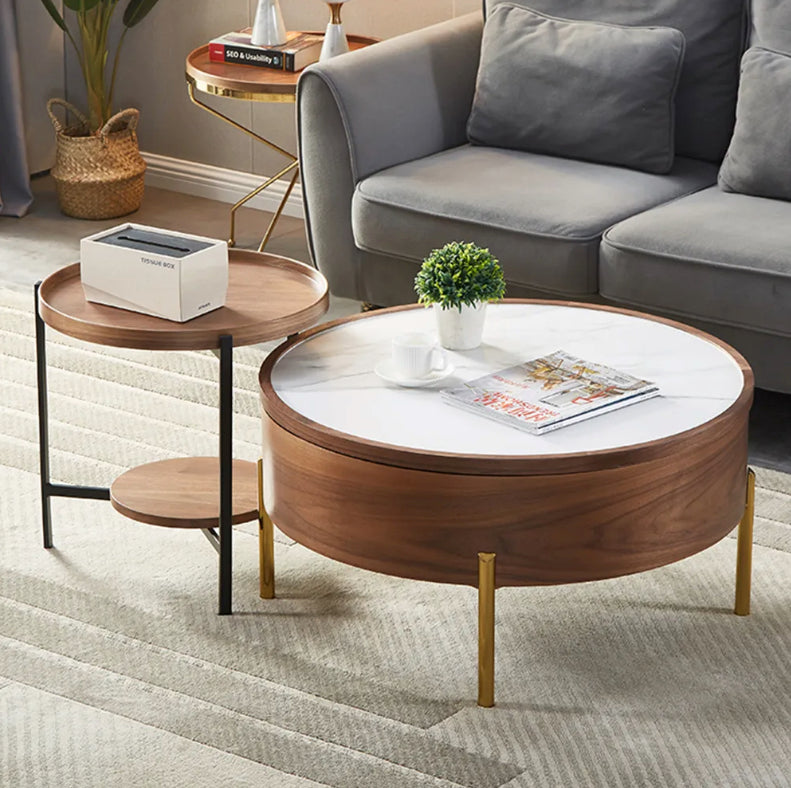 Moon Extendable Coffee Table with Storage and Rotating Top in White Ceramic