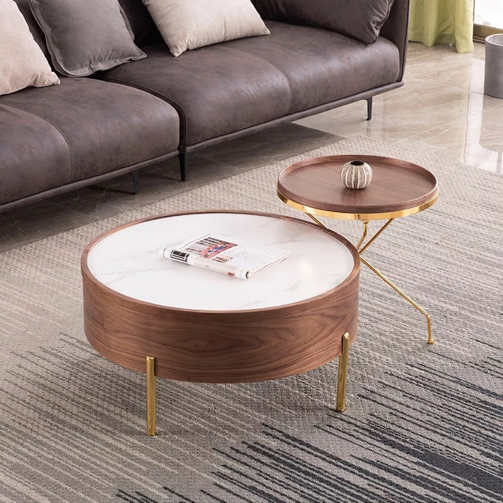 Moon Extendable Coffee Table with Storage and Rotating Top in White Ceramic