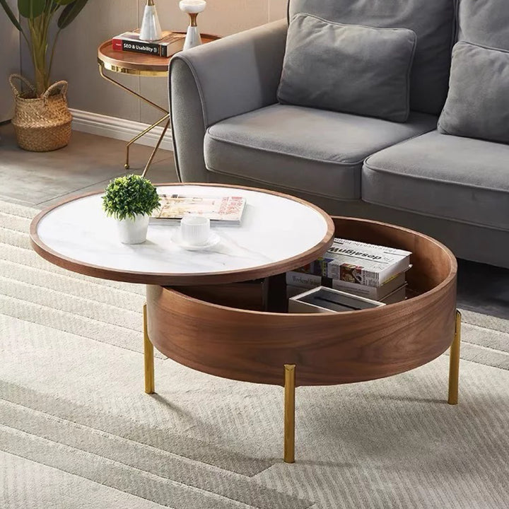 Moon Extendable Coffee Table with Storage and Rotating Top in White Ceramic