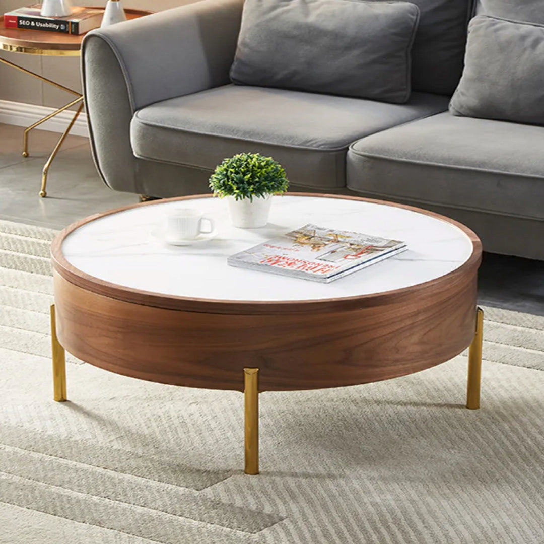 Moon Extendable Coffee Table with Storage and Rotating Top in White Ceramic