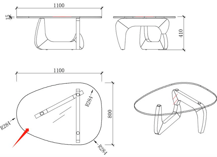 Noguchi Coffee Table (Black) with 15mm Tempered Glass Top and Ash Wood Legs