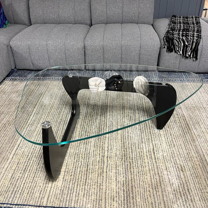 Noguchi Coffee Table (Black) with 15mm Tempered Glass Top and Ash Wood Legs