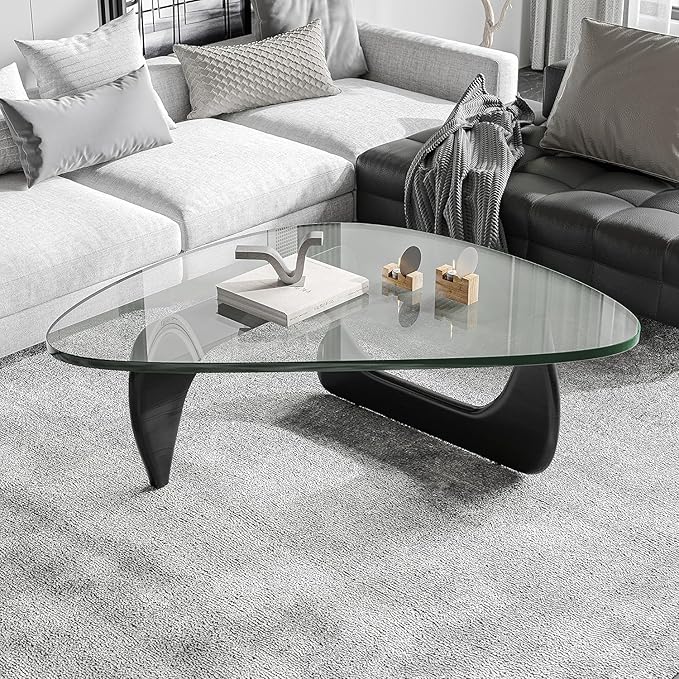 Noguchi Coffee Table (Black) with 15mm Tempered Glass Top and Ash Wood Legs