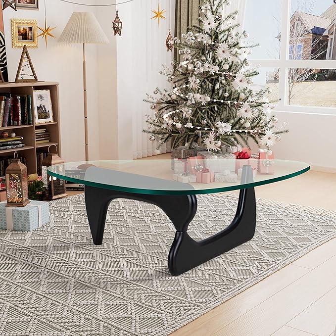 Noguchi Coffee Table (Black) with 15mm Tempered Glass Top and Ash Wood Legs