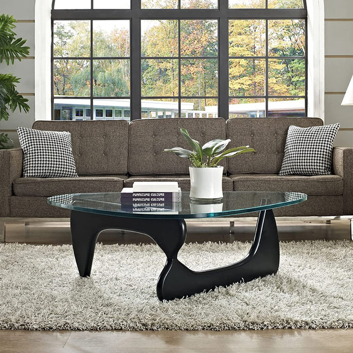 Noguchi Coffee Table (Black) with 15mm Tempered Glass Top and Ash Wood Legs