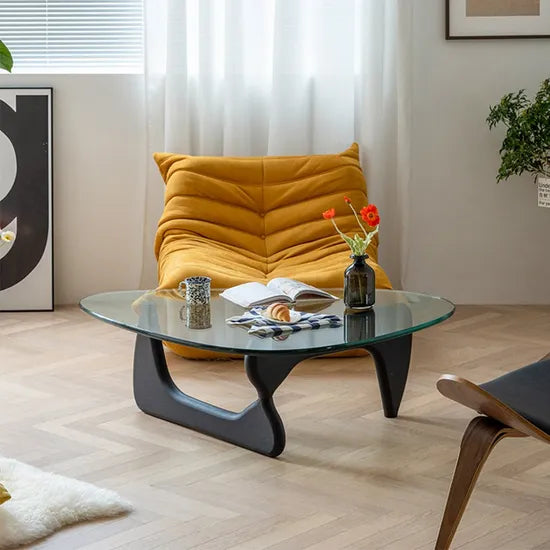 Noguchi Coffee Table (Black) with 15mm Tempered Glass Top and Ash Wood Legs