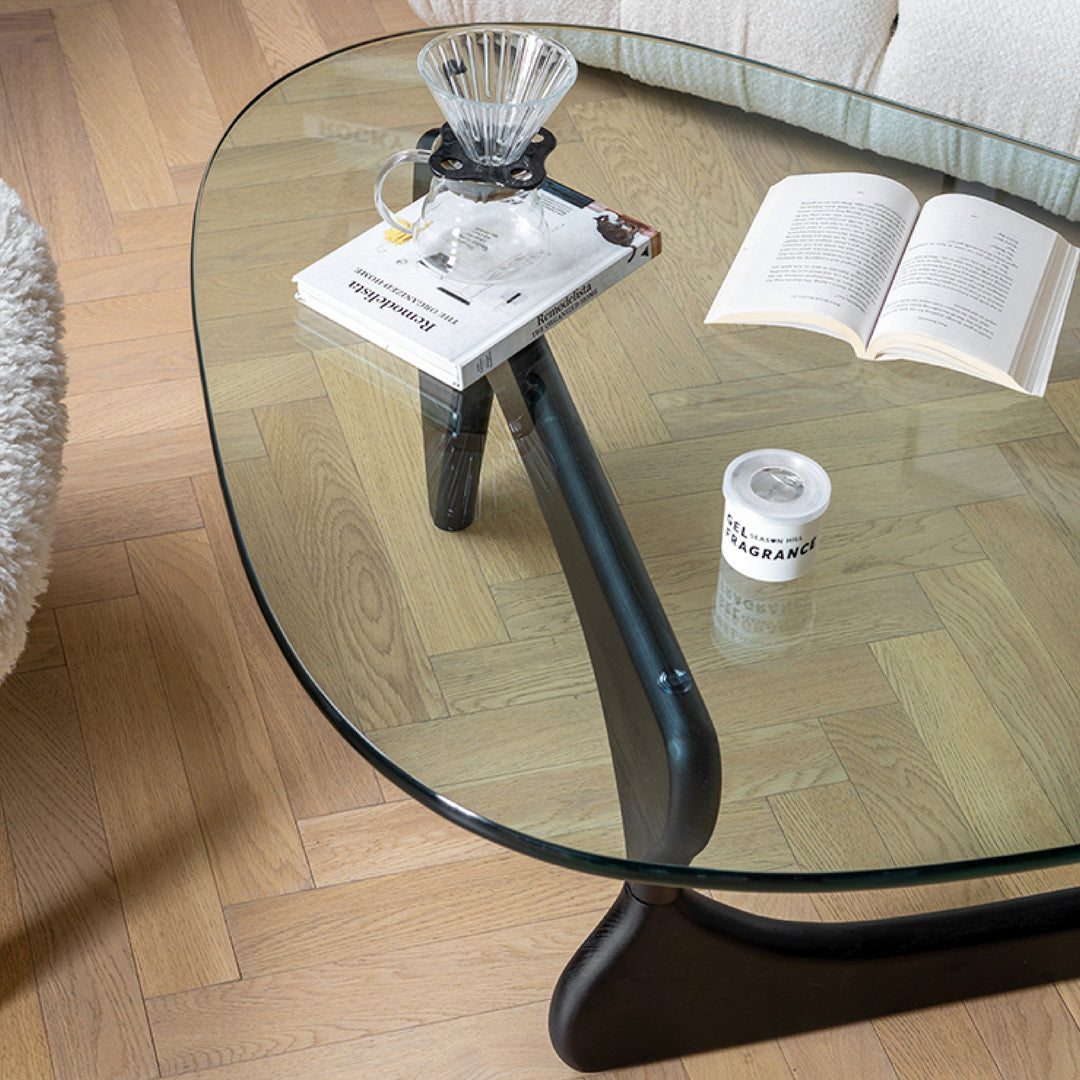 Noguchi Coffee Table (Black) with 15mm Tempered Glass Top and Ash Wood Legs