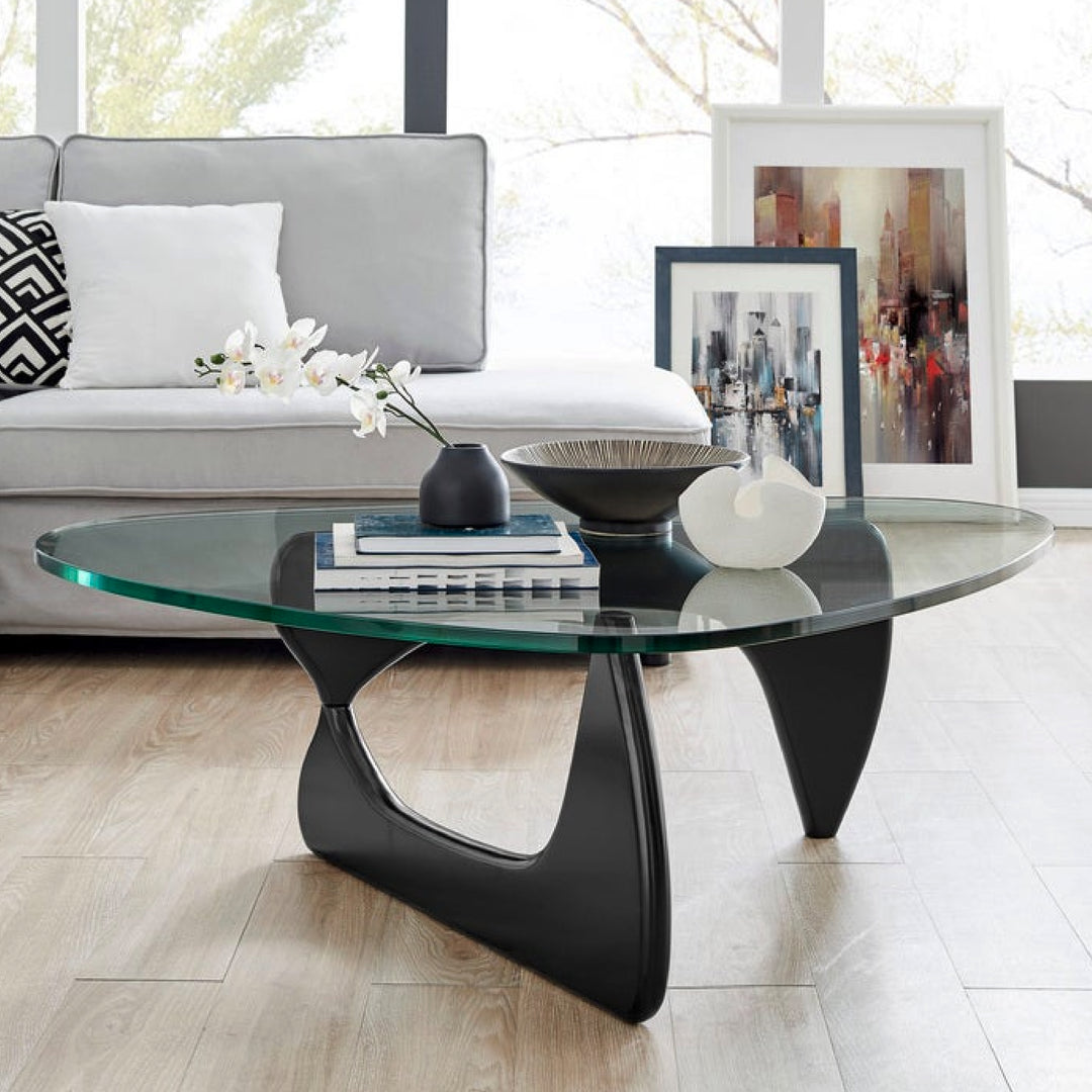 Noguchi Coffee Table (Black) with 15mm Tempered Glass Top and Ash Wood Legs