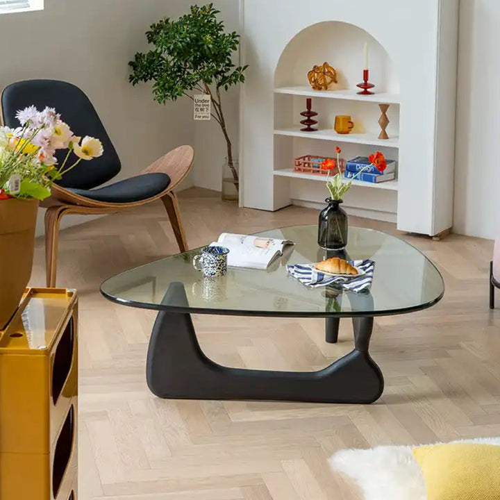 Noguchi Coffee Table (Black) with 15mm Tempered Glass Top and Ash Wood Legs