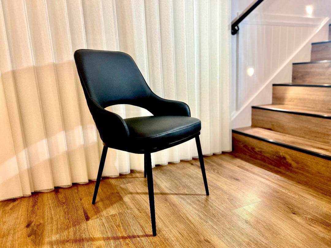 Prada Curved Back Dining Chair with Stainless Steel Black Legs