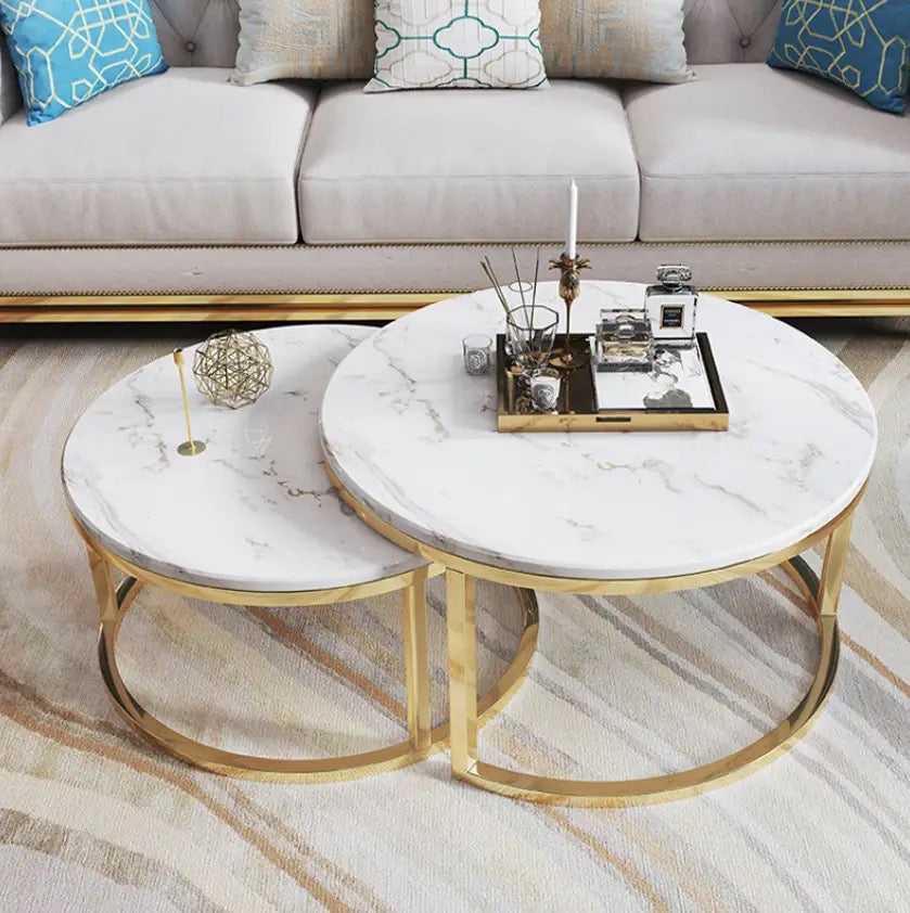 Proto Nesting Coffee Table with Marble Top and Stainless Steel Gold Base