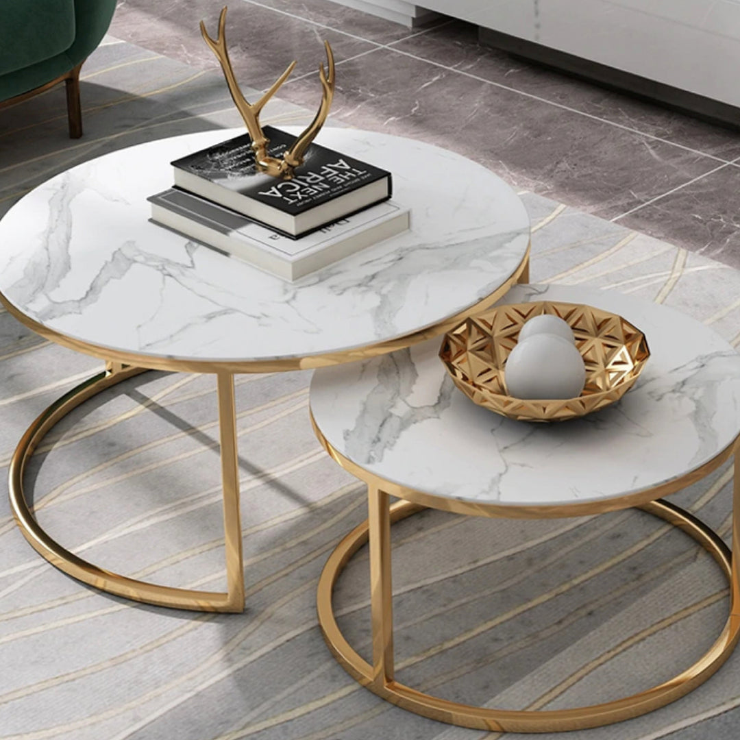 Proto Nesting Coffee Table with Marble Top and Stainless Steel Gold Base