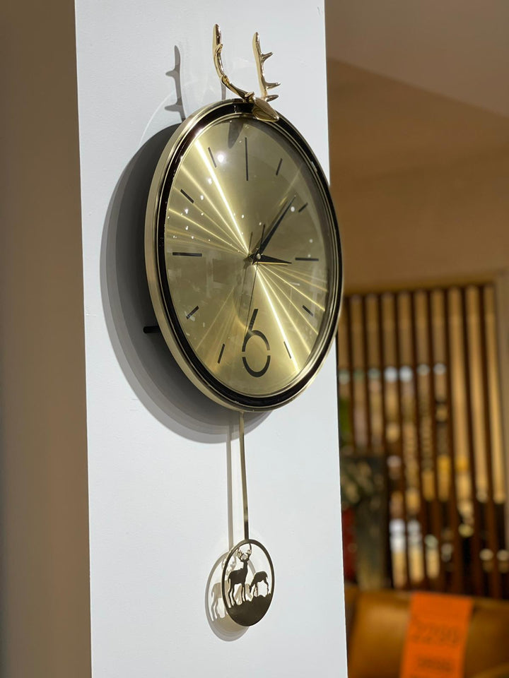 Deer Head Gold and Red Pendulum Wall Clock  33cm