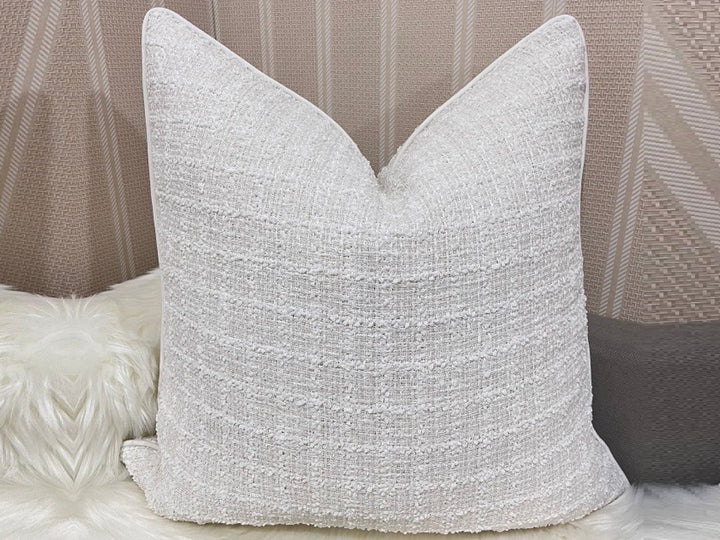 Silken White Textured Woven Feather-Filled Cushion