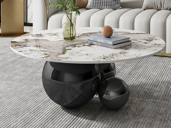 Spigola Round Coffee Table in Black with Sintered Stone Top and Stainless Steel Base