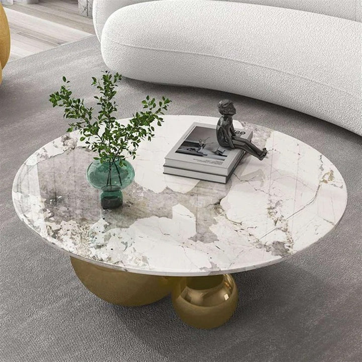 Spigola Round Coffee Table in Gold with Sintered Stone Top and Stainless Steel Base